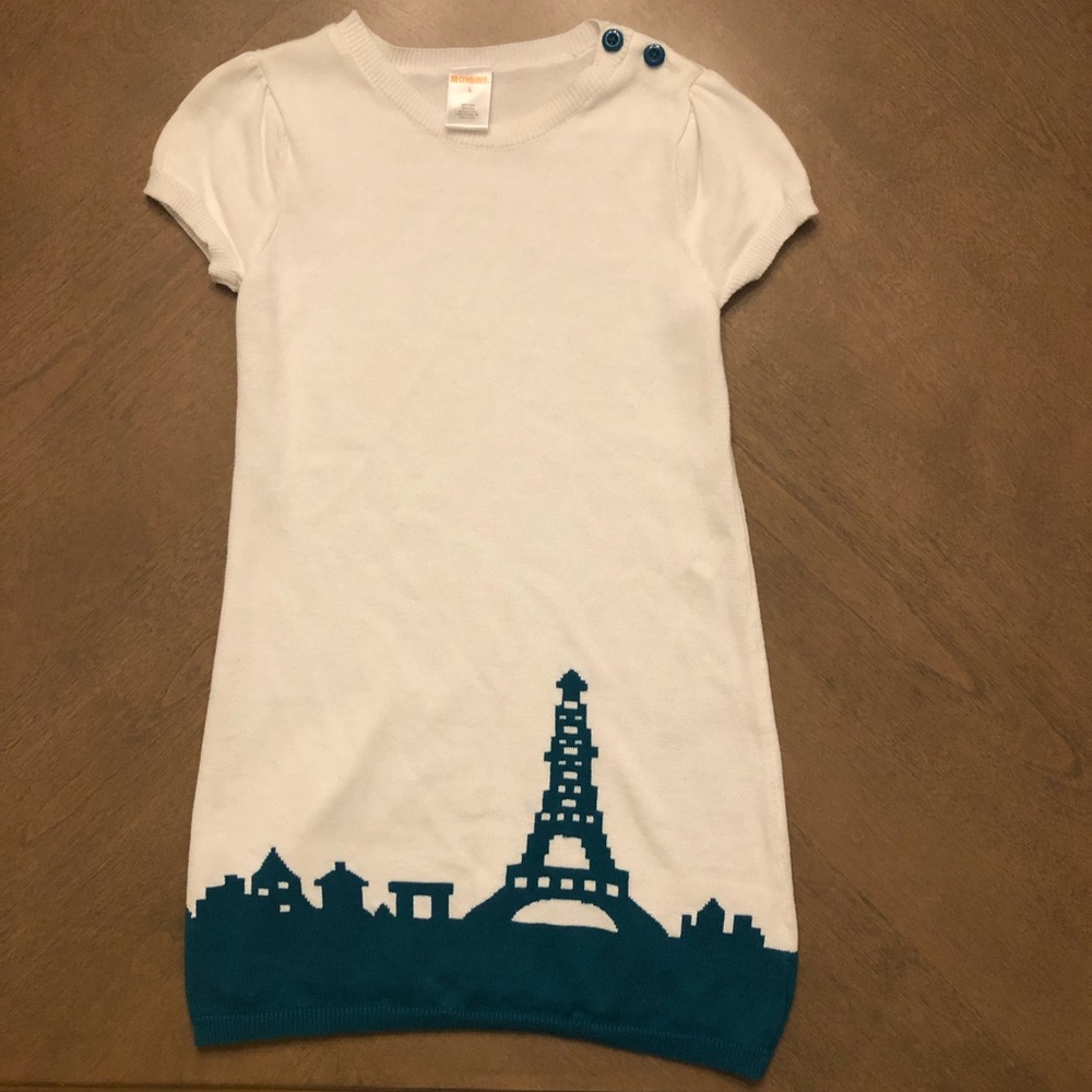 Girls Gymboree Short Sleeve Teal and White Paris Sweater Dress